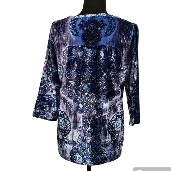 One World Velour Scoop Neck Purple & Blue Bling Top 97% Polyester Size M - Picture 3 of 10